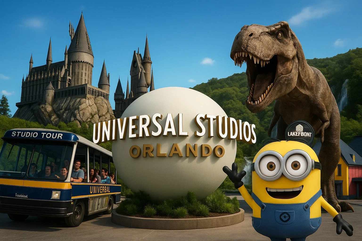 Universal Studios Orlando entrance with a large white globe and sign, a yellow minion character, a T-Rex dinosaur, a studio tour bus, and a castle in the background.