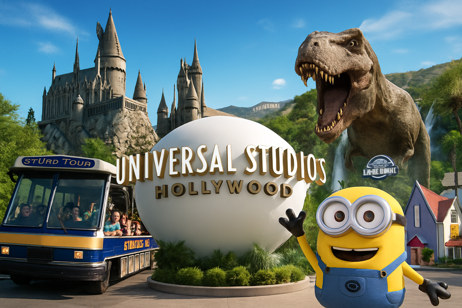The entrance to Universal Studios Hollywood featuring the iconic globe, a castle, a T. rex dinosaur model, a Minion character, and a shuttle bus with visitors.