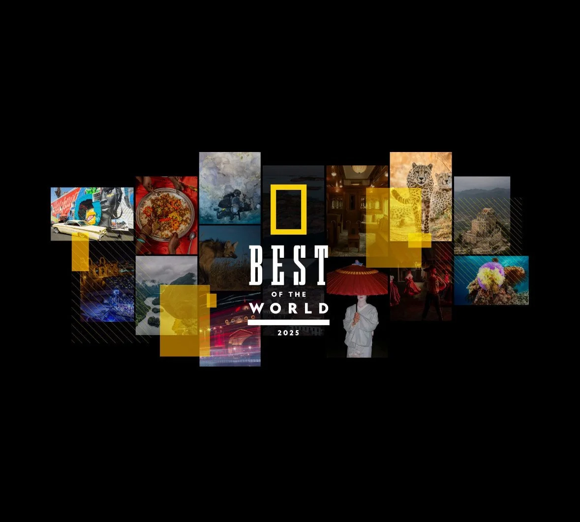 Collage of diverse global scenes with text 'Best of the World 2025' in the center, including cityscapes, nature, animals, food, and cultural performances.