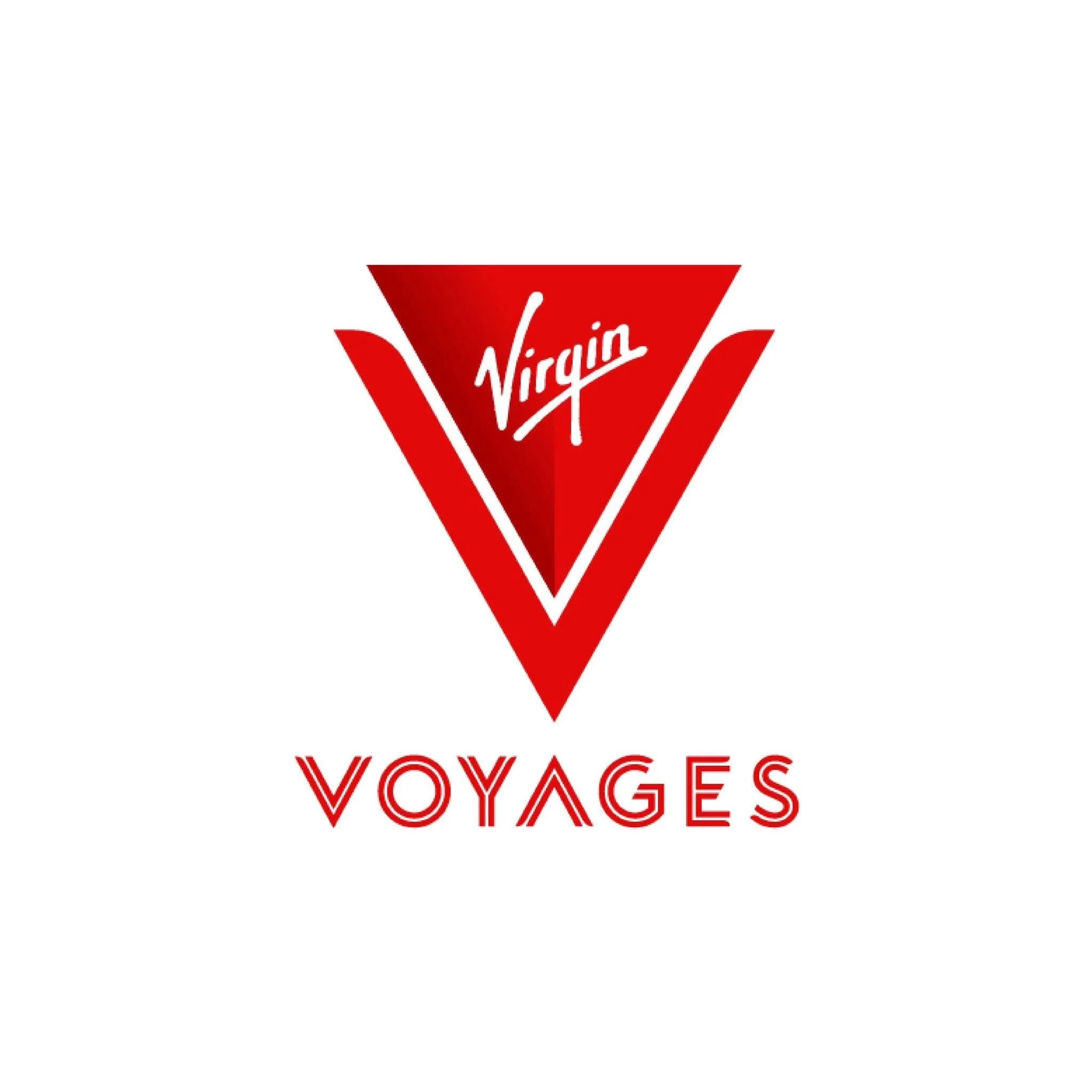 A red and white logo with a downward-pointing triangle and the word 'Virgin' in the center, with the word 'VOYAGES' written below in stylized red letters.