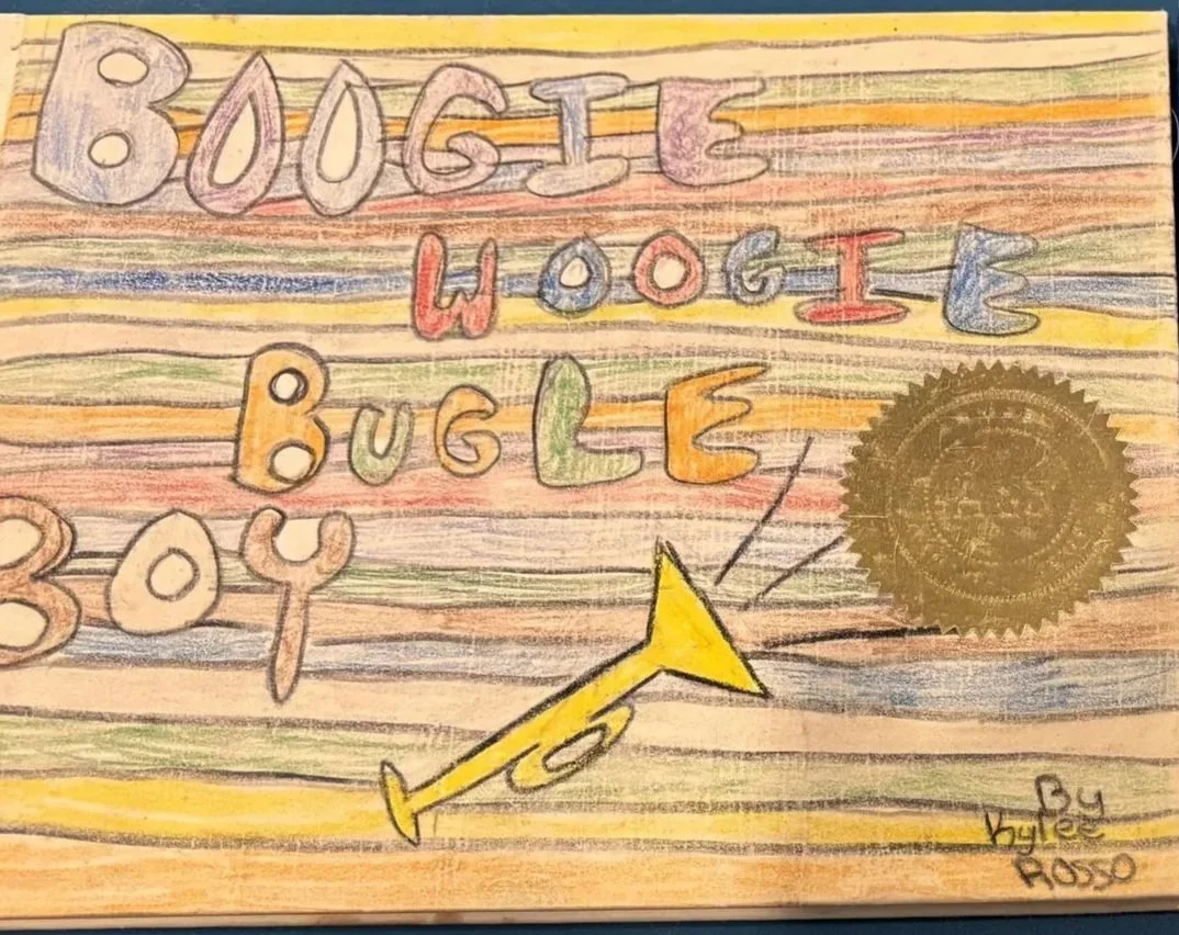 Colorful, hand-drawn poster with the words 'BUGS HOGIE BUGLE BOY' in large multicolored letters. A yellow arrow points to a brown circular emblem on the right side, and there are rainbow-colored horizontal lines in the background. The poster is signed 'By Kaley Roso' in the bottom right corner.