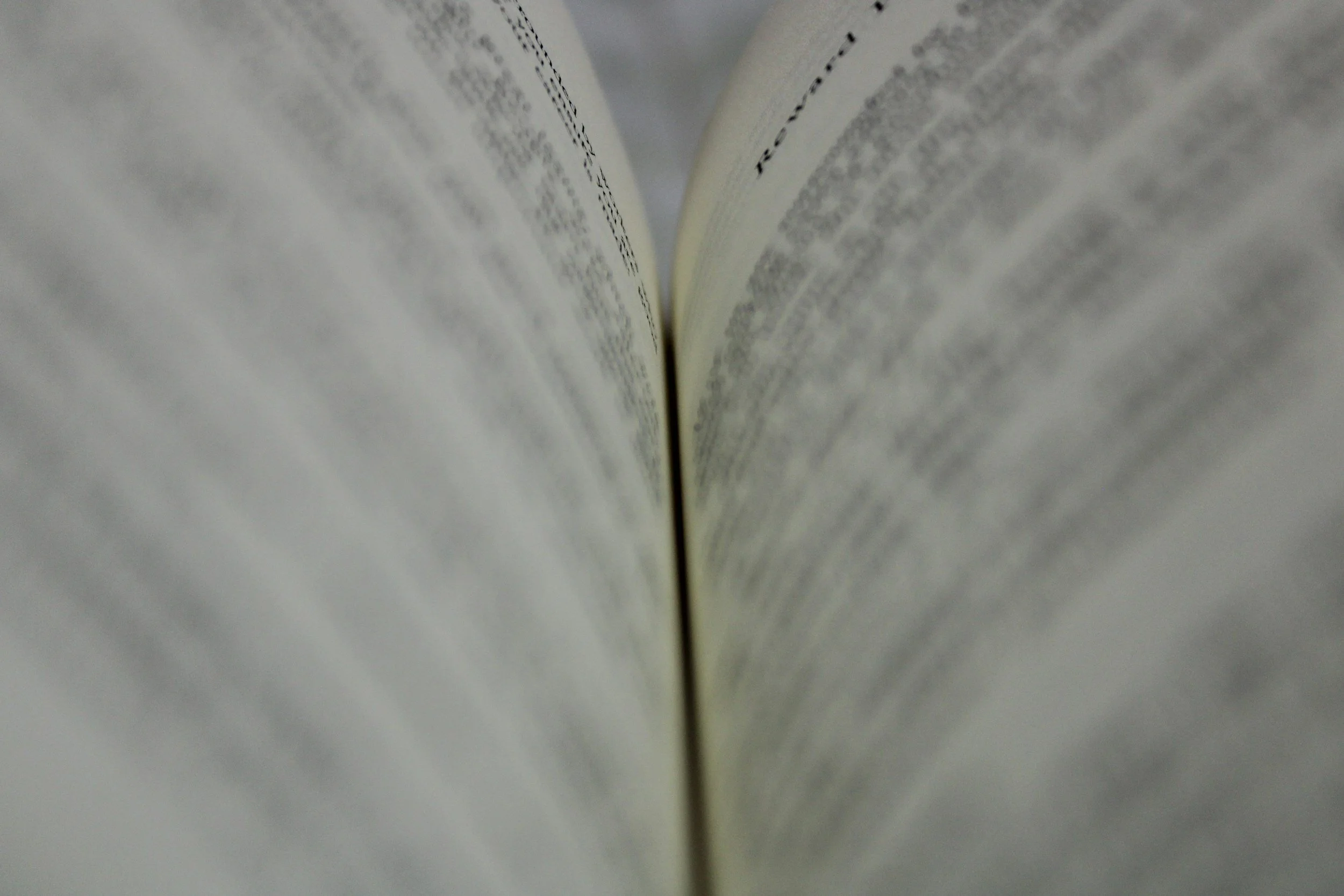 Close-up of an open book showing blurry text on cream-colored pages.