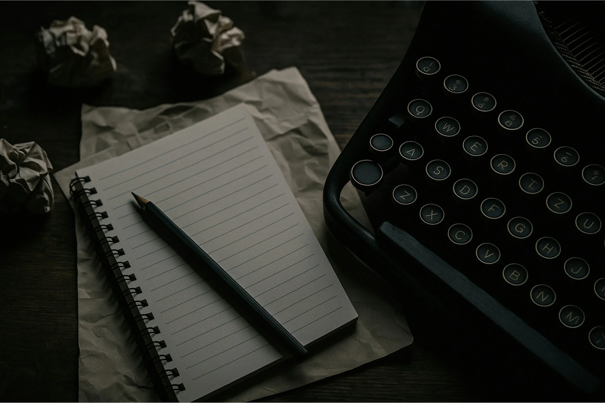 A notebook with lined pages and a pencil resting on top, surrounded by crumpled paper balls on a dark wooden surface, with a vintage typewriter partially visible on the side.