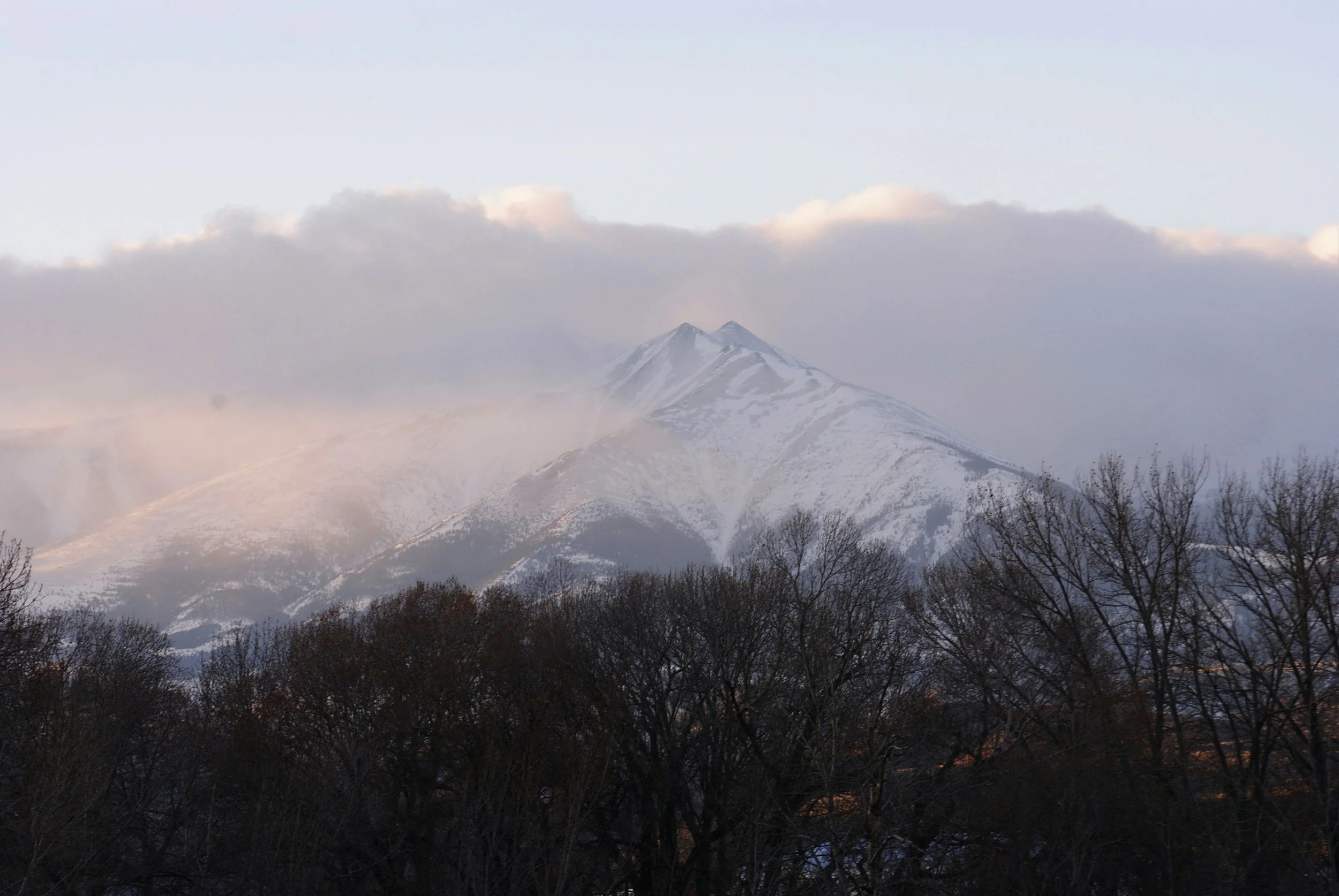 Snow-capped mountain peak with leafless trees in the foreground, cloudy sky.