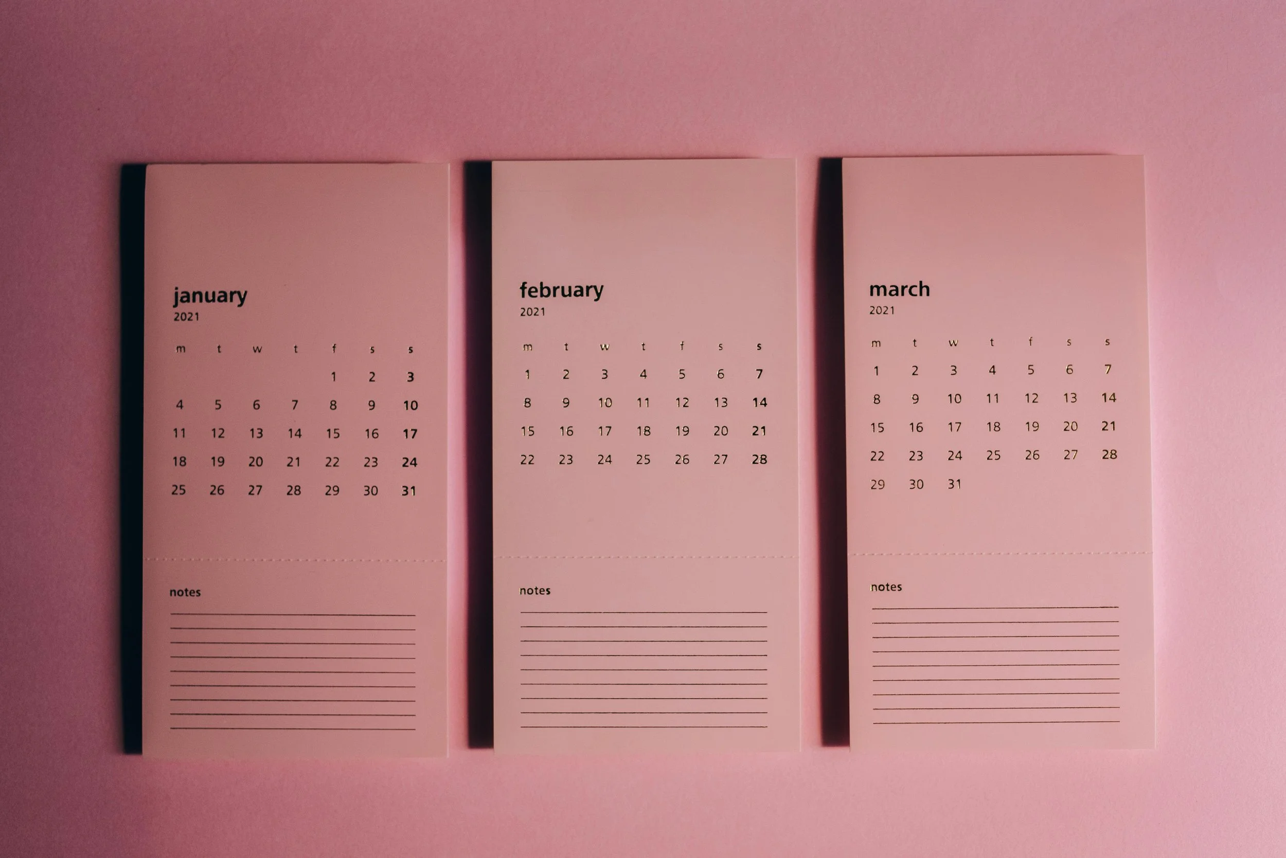 Three pink wall calendars for January, February, and March 2021, placed side by side on a pink surface, each with a notes section at the bottom.