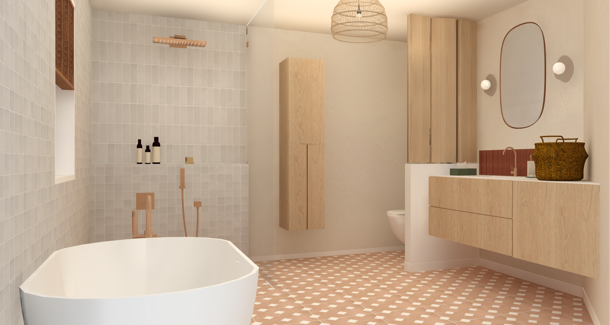 design salle de bain méditerranée, terracota, vanité bois, séparation toilette, décoration européenne