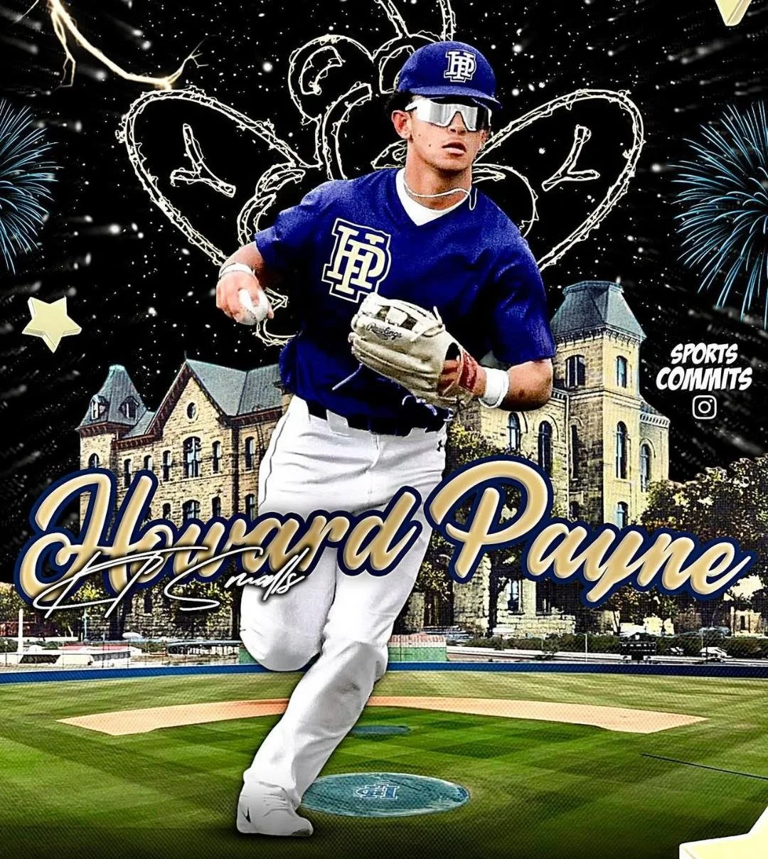 Digital collage of a baseball player in a blue uniform running on a baseball field, with fireworks and starry sky background, and the words 'Howard Payne' in large script. The collage includes elements of a building, a sketch of a butterfly, and sports-themed graphics.
