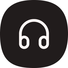 Icon of white headphones on a black circular background.