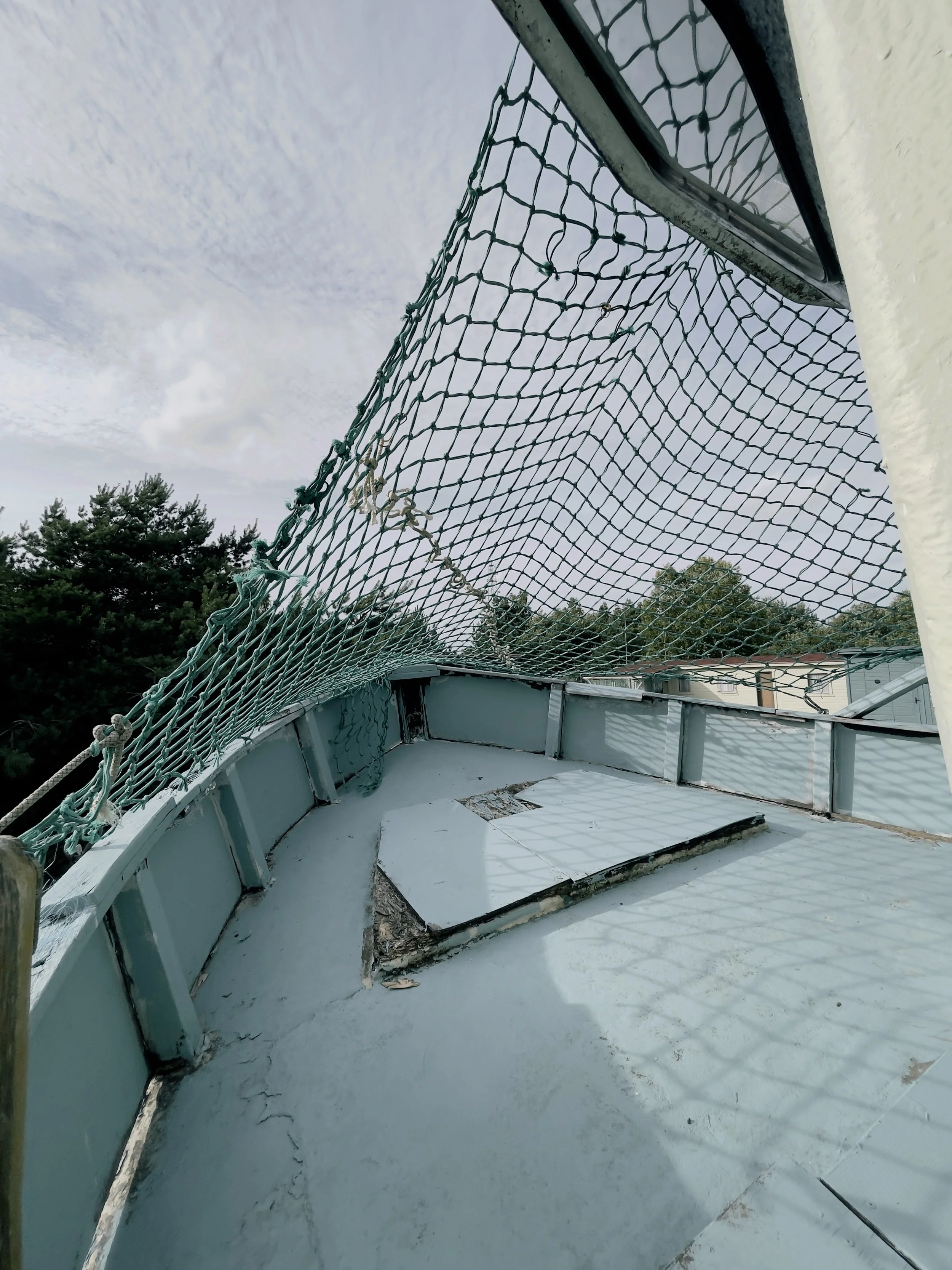 View of a rooftop edge with green safety netting and a roof hatch, overlooking a suburban neighborhood with trees and houses under a cloudy sky.