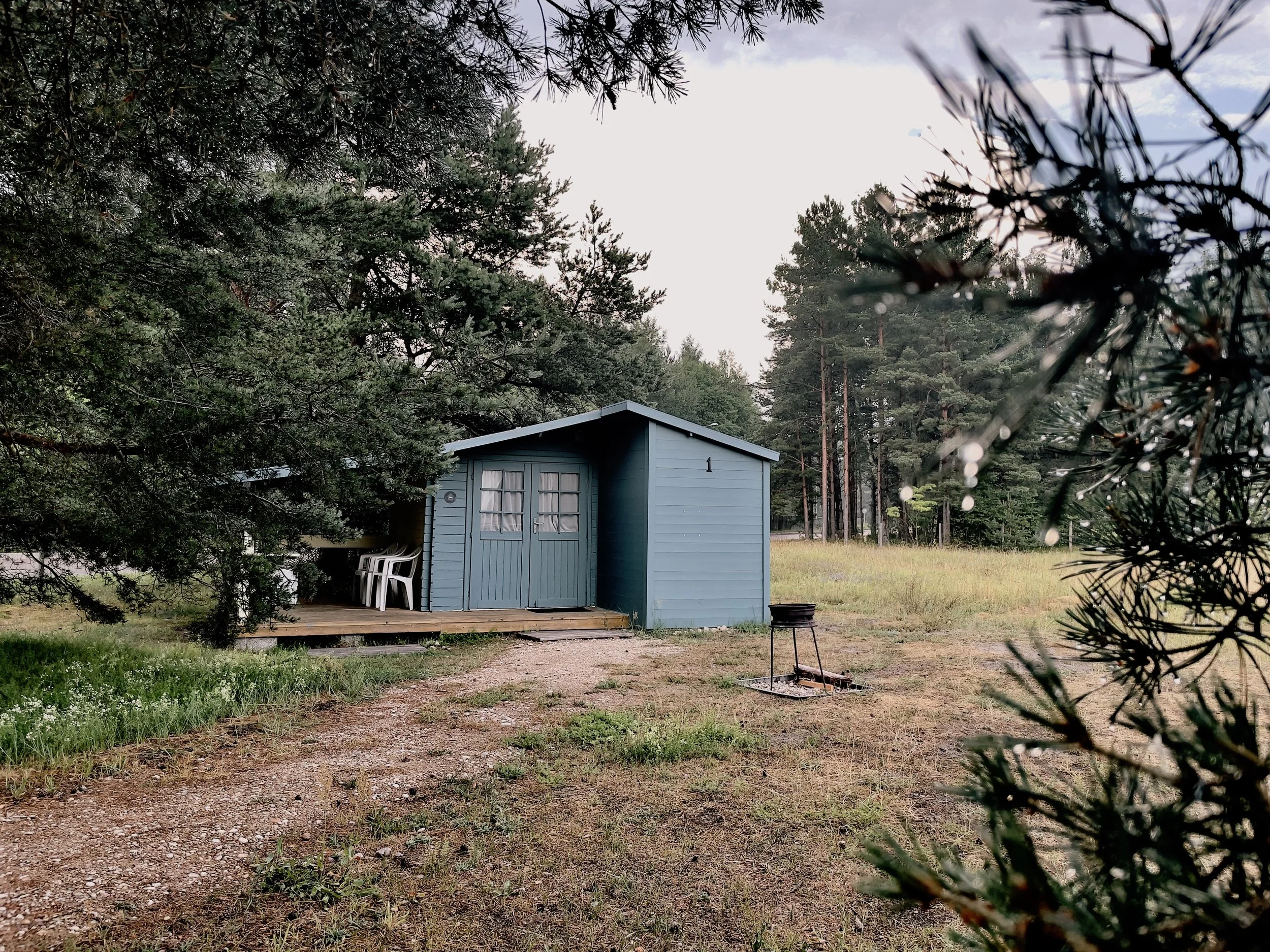 Blue small cabin with two windows and a door, surrounded by trees and grass, with outdoor chairs, a grill, and a dirt pathway leading to the cabin.