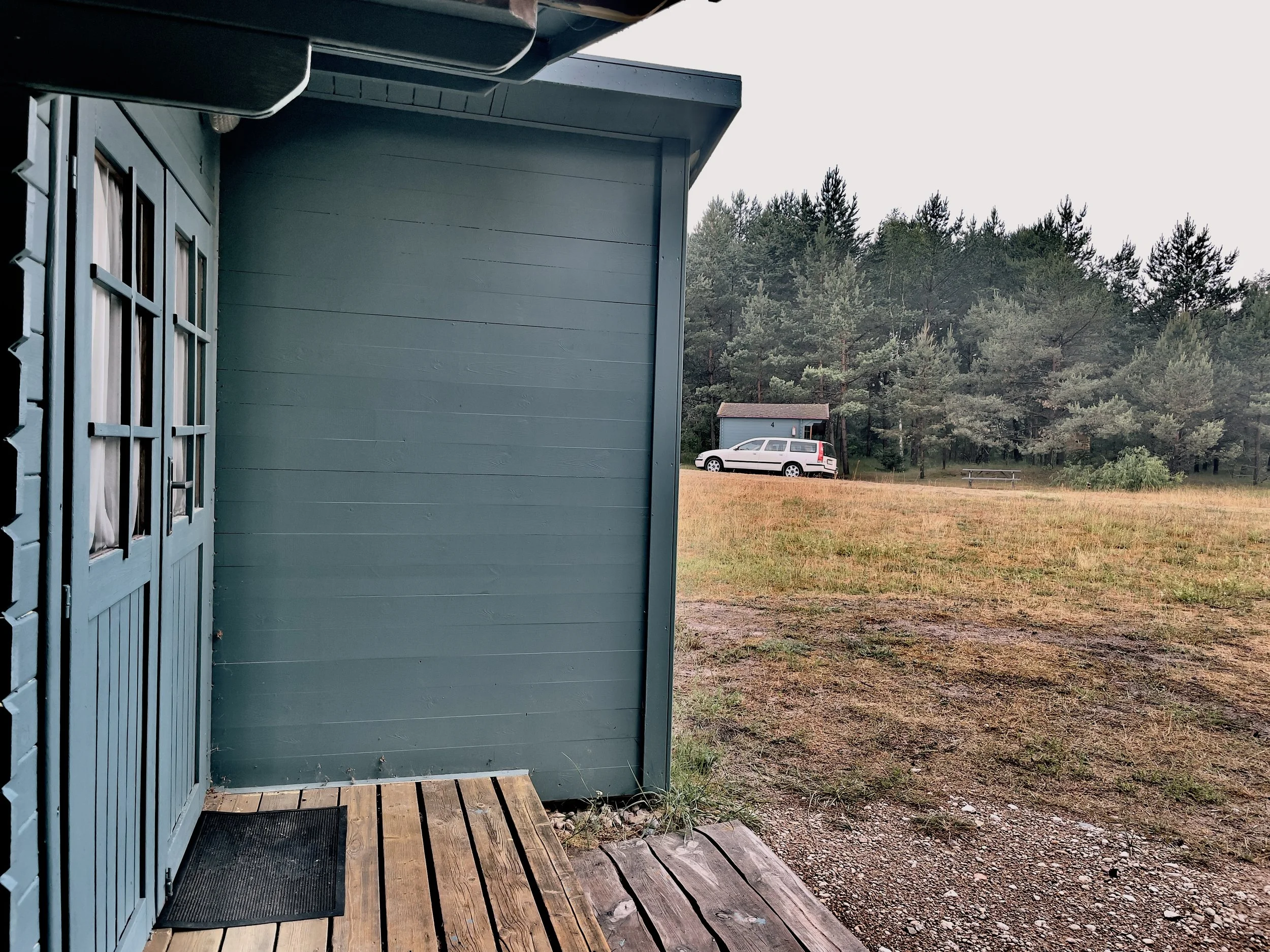 View from a porch showing a green wooden building on the left, an open grassy area, a white vehicle parked near a small blue shed, a picnic table, and a dense forest of pine trees in the background.