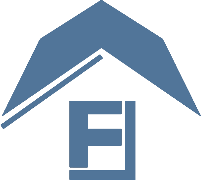 A stylized house with a large capital letter 'F' inside it, in blue.