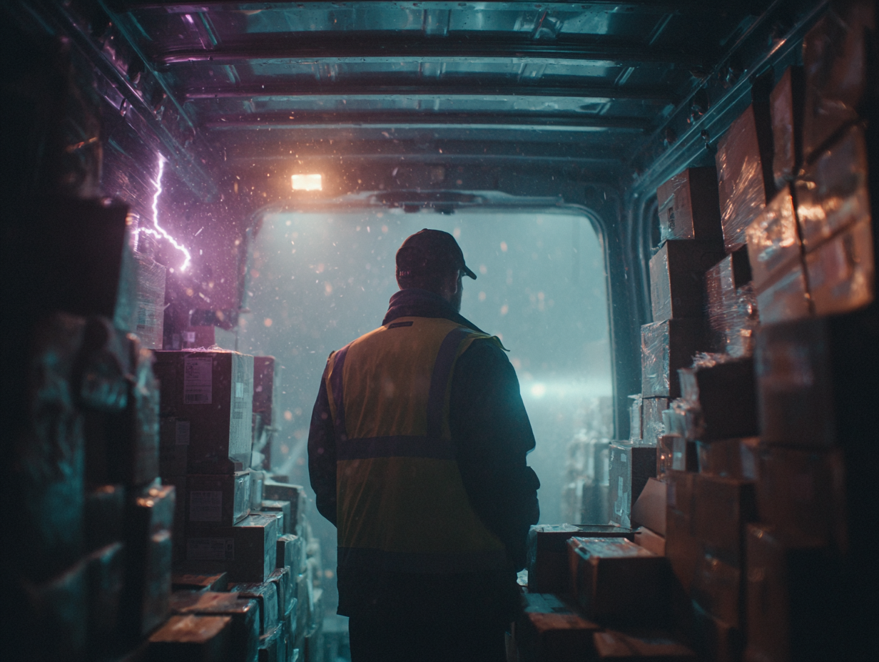 A person wearing a high-visibility vest and cap stands inside a warehouse or storage unit, surrounded by boxes and crates. Lightning illuminates the storm outside, and rain can be seen through the open entrance.