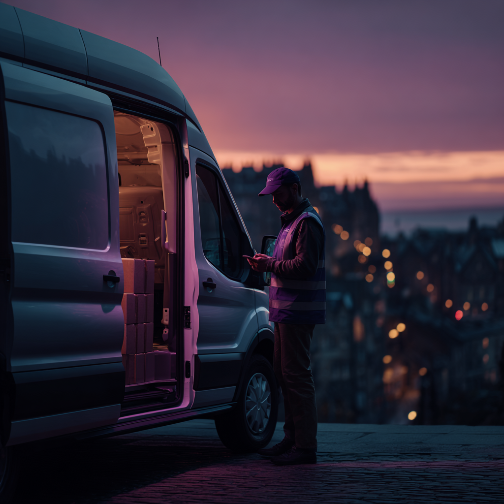 A person standing next to a delivery van at dusk, looking at their phone, with a cityscape and castle in the background.