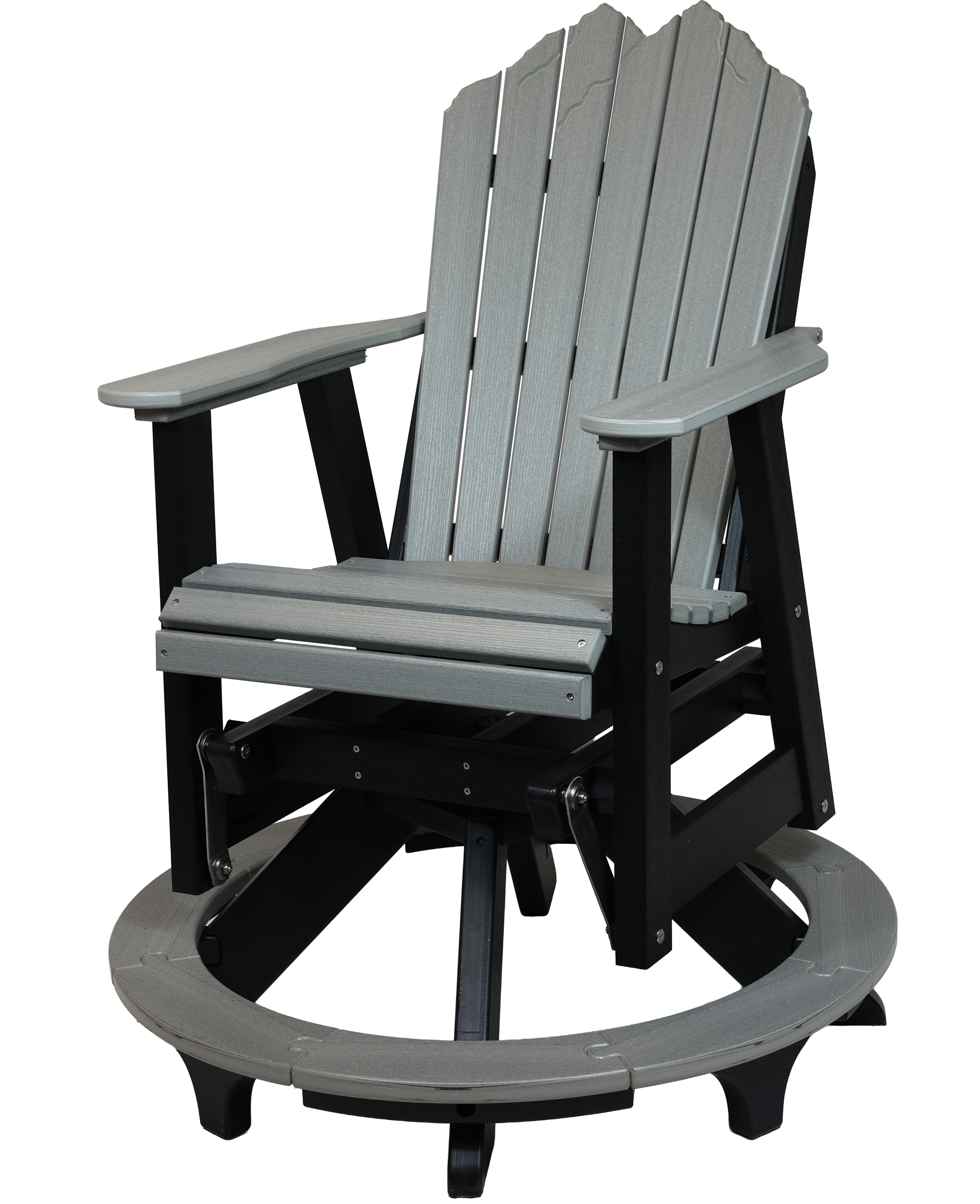 Rocky Mountain Balcony Swivel Glider, CA-190 (Driftwood Grey/Black). 28.25”W x 36.5”D x 46.5”H, 17.75” Seat H from Platform