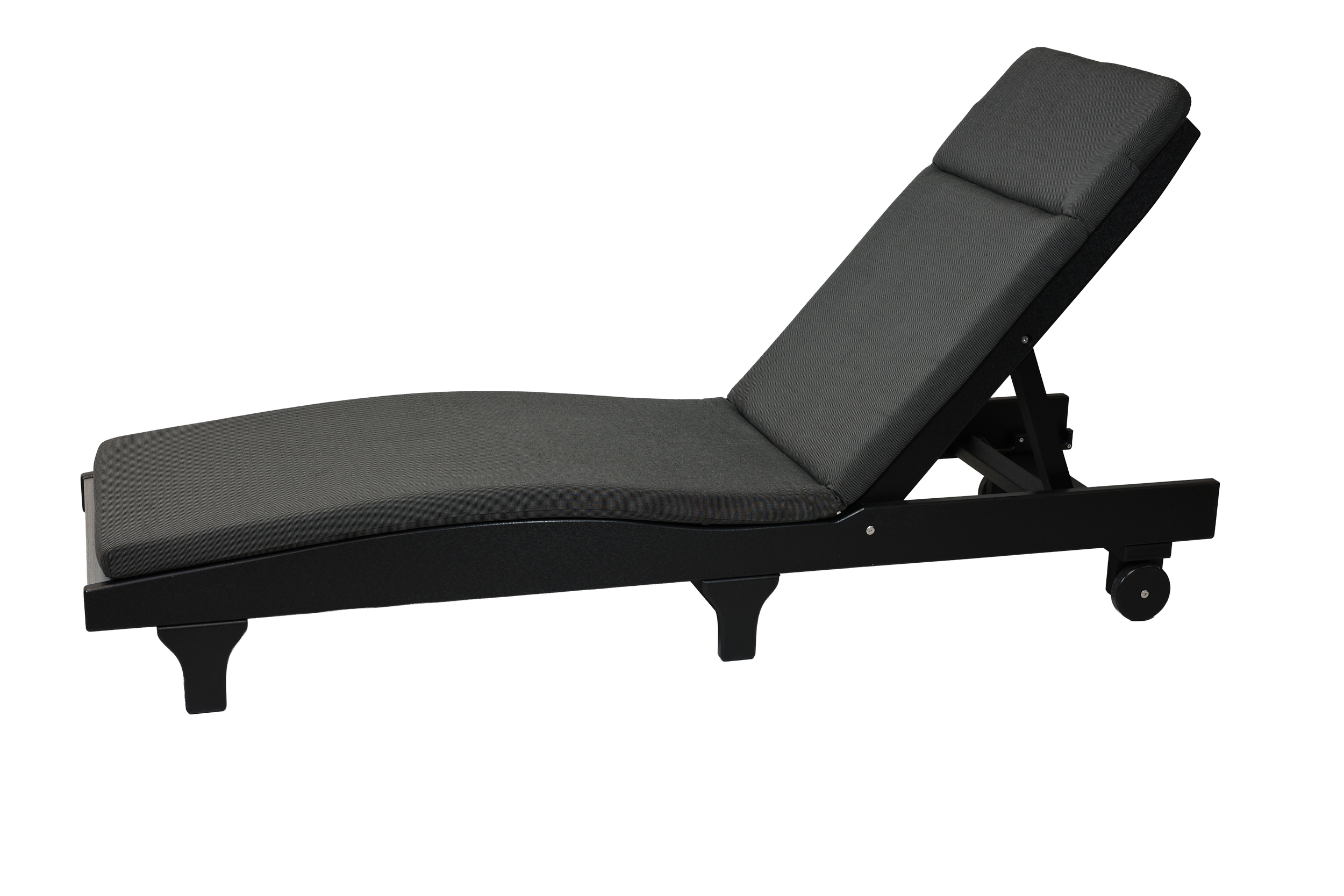 Curved Seat Chaise Lounge, LCH-810 (Driftwood Grey/Black). 76.5”L x 22”W x 12.25”H *Also available with arms