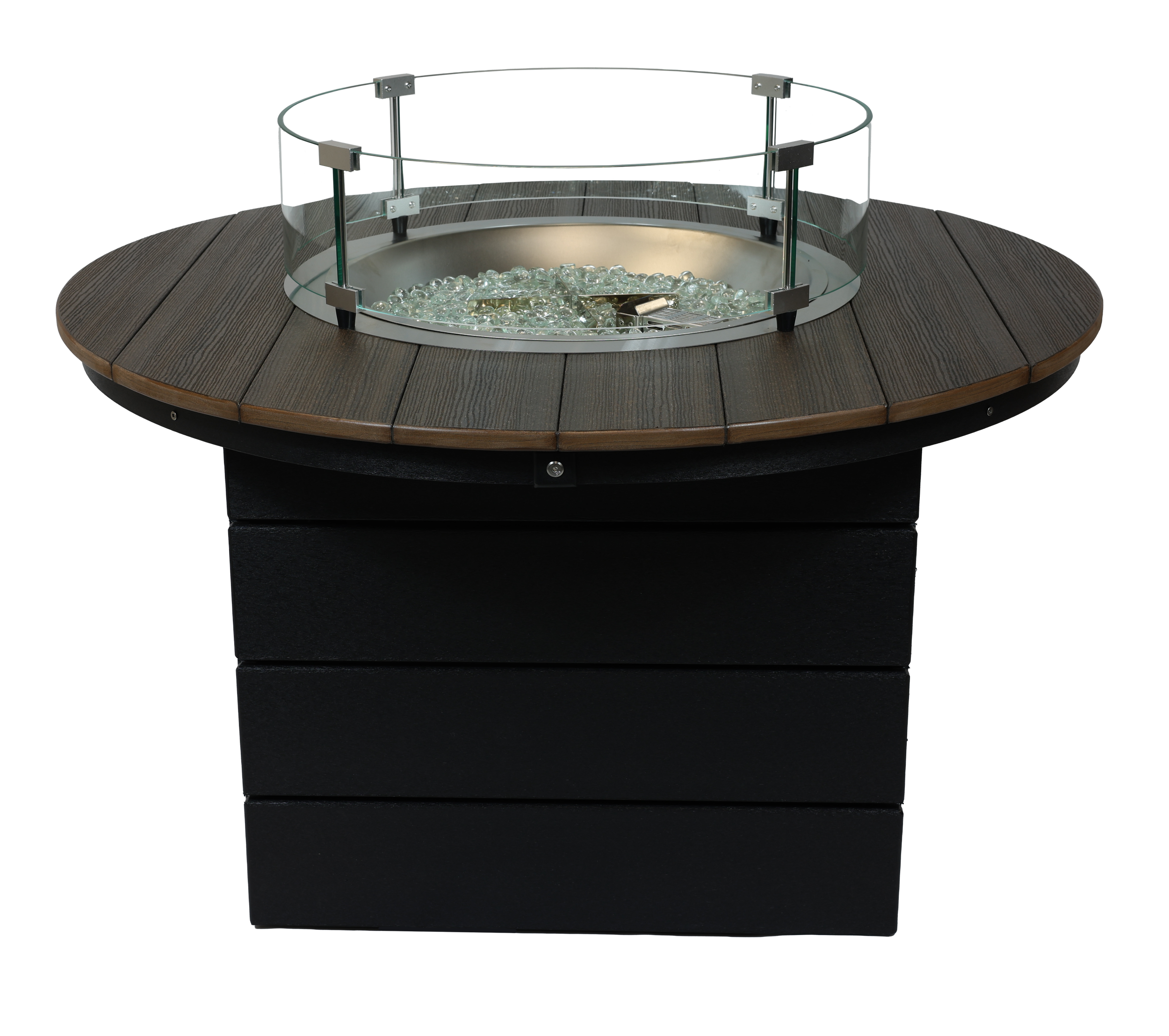 Round Firepit, F-100 (Coastal Gray/Black). 43”W x 24”H. Pictured with Wind Guard