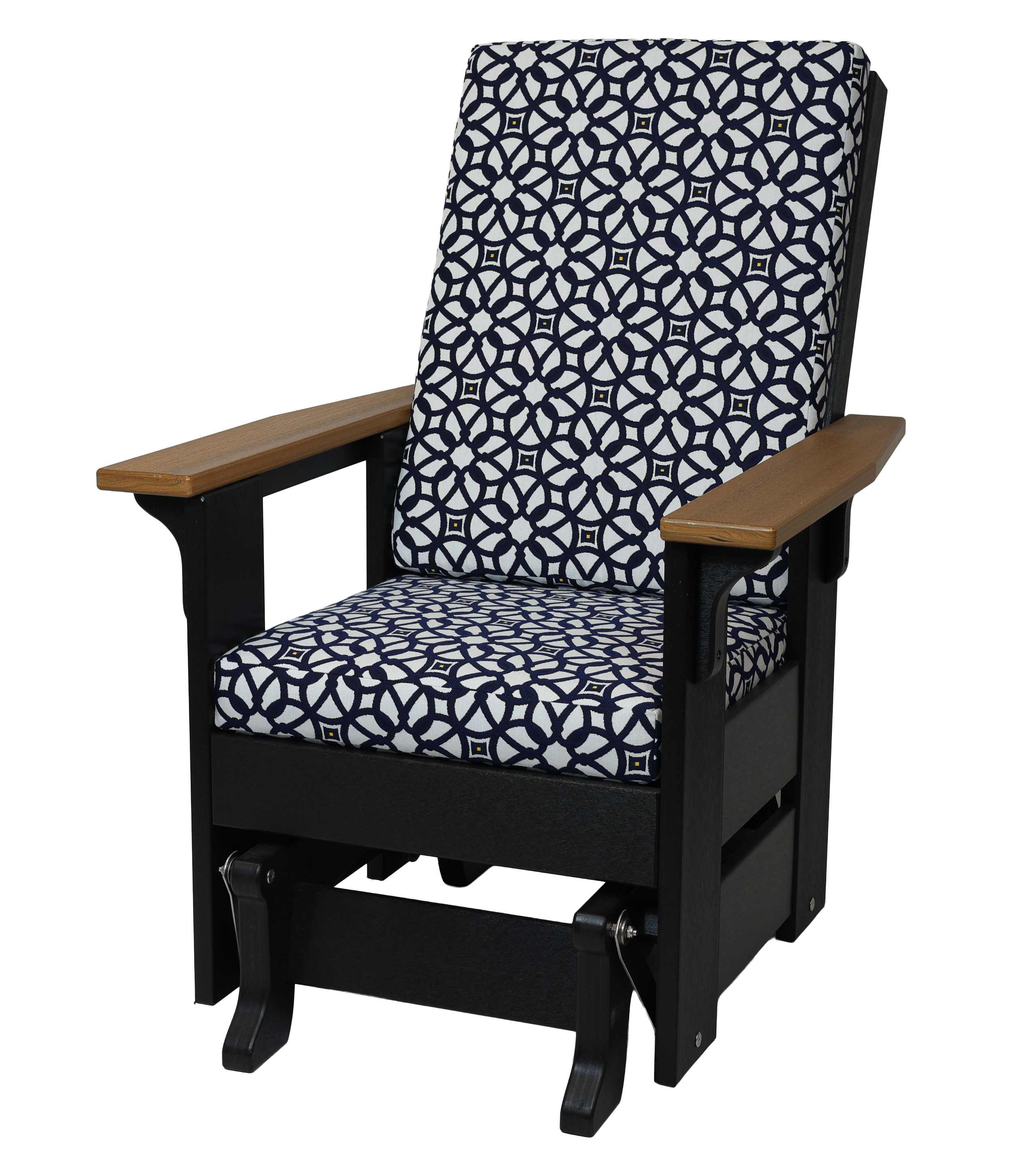 Seaside Glider, S-200 (Antique Mahogany/Black with Fabric). 31”W x 32”D x 43.5”H, 18” Seat H