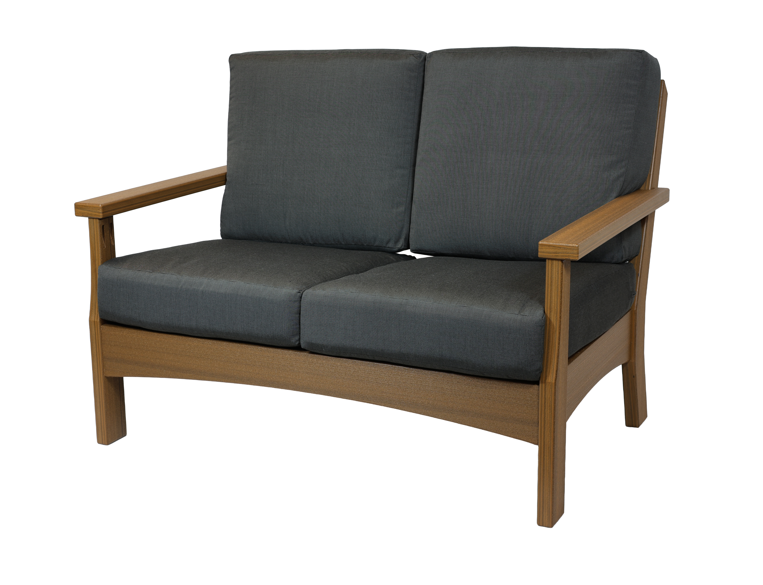 Monterey Loveseat, MY-110 (Antique Mahogany with Canvas Coal Fabric). 53”W x 31”D x 34.5”H, 20” Seat H with Cushions