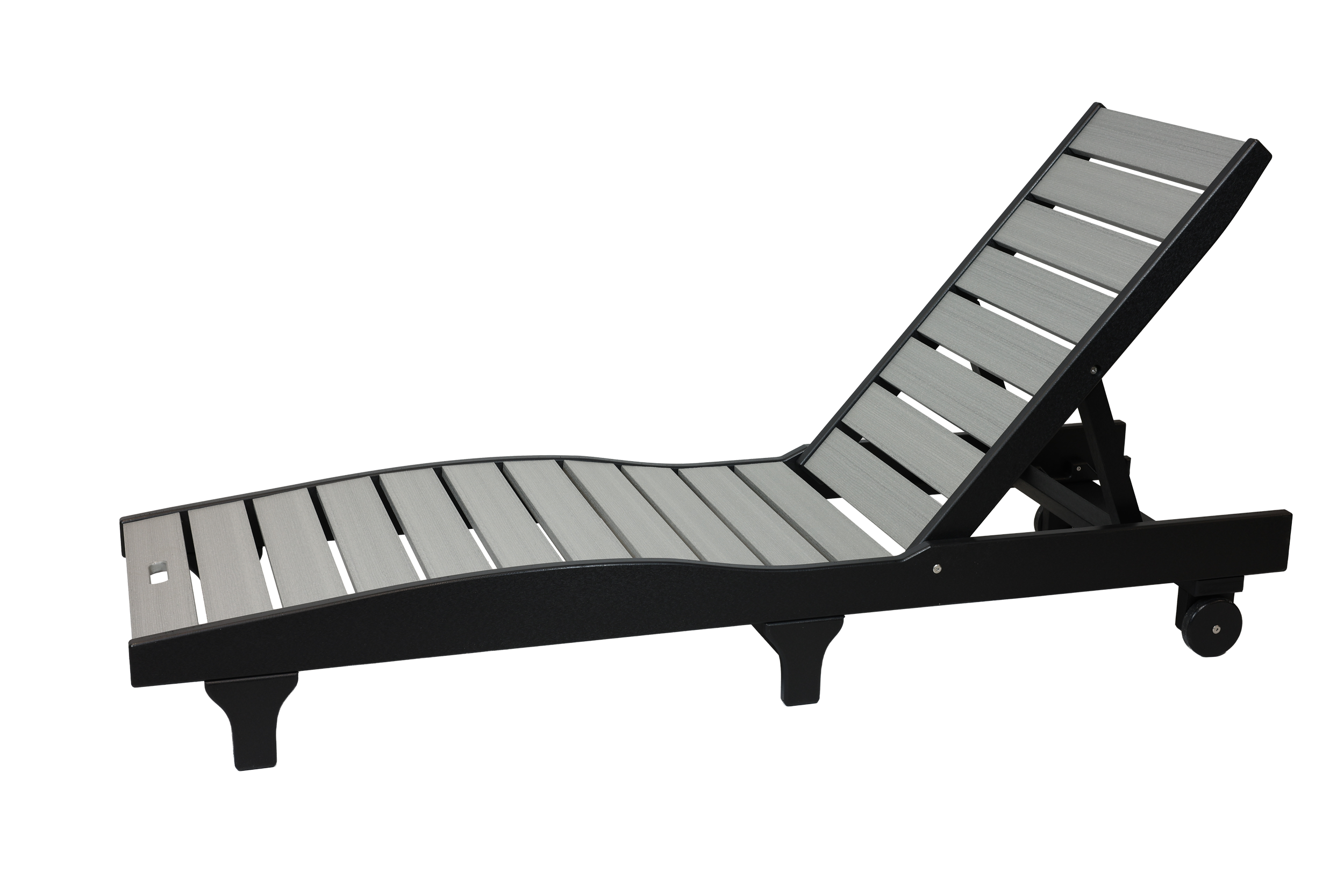 Curved Seat Chaise Lounge, LCH-810 (Driftwood Grey/Black). 76.5”L x 22”W x 12.25”H *Also available with arms
