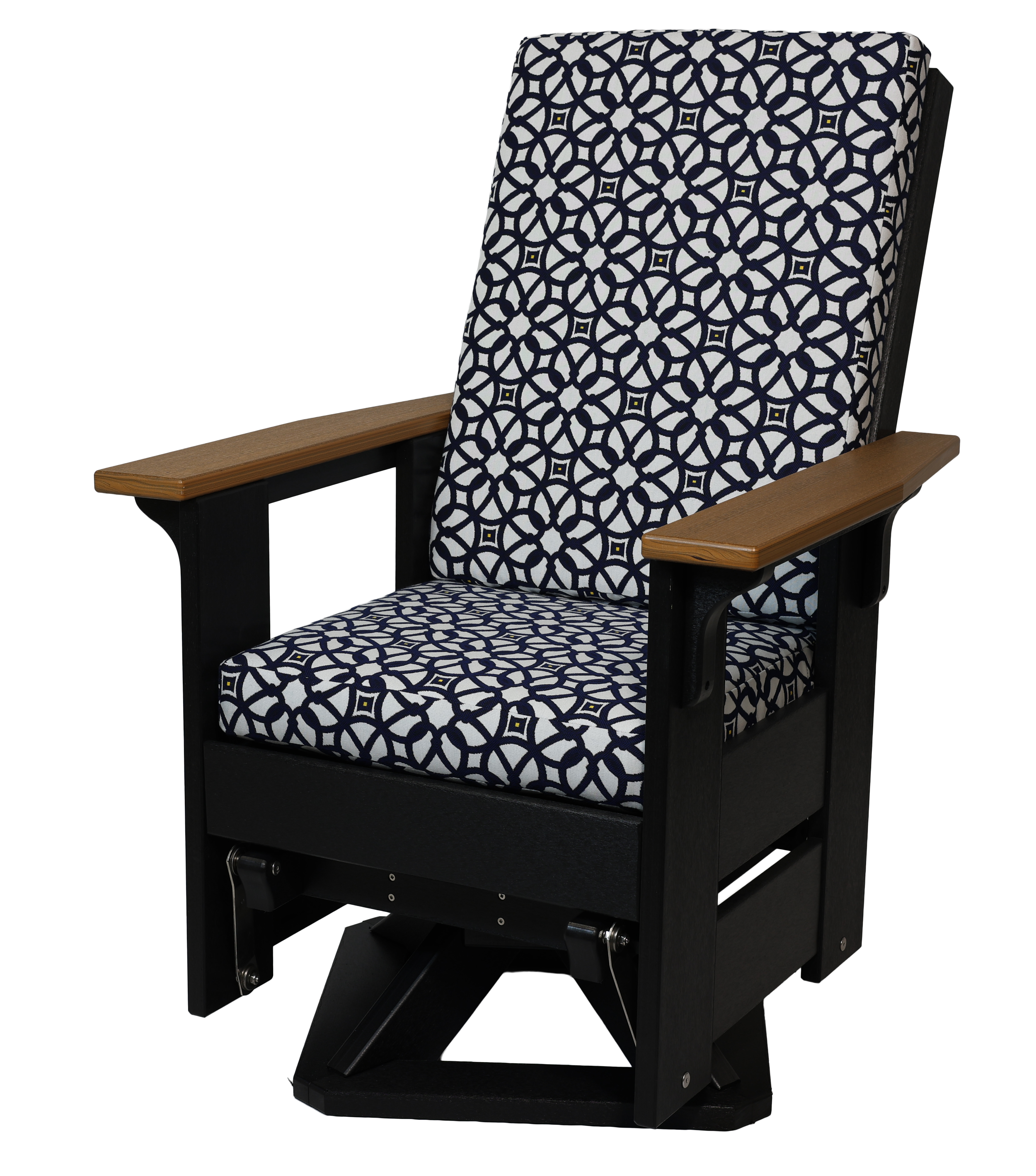 Seaside Swivel Glider, S-240 (Antique Mahogany/Black with Fabric). 31”W x 32”D x 43.5”H, 18” Seat H