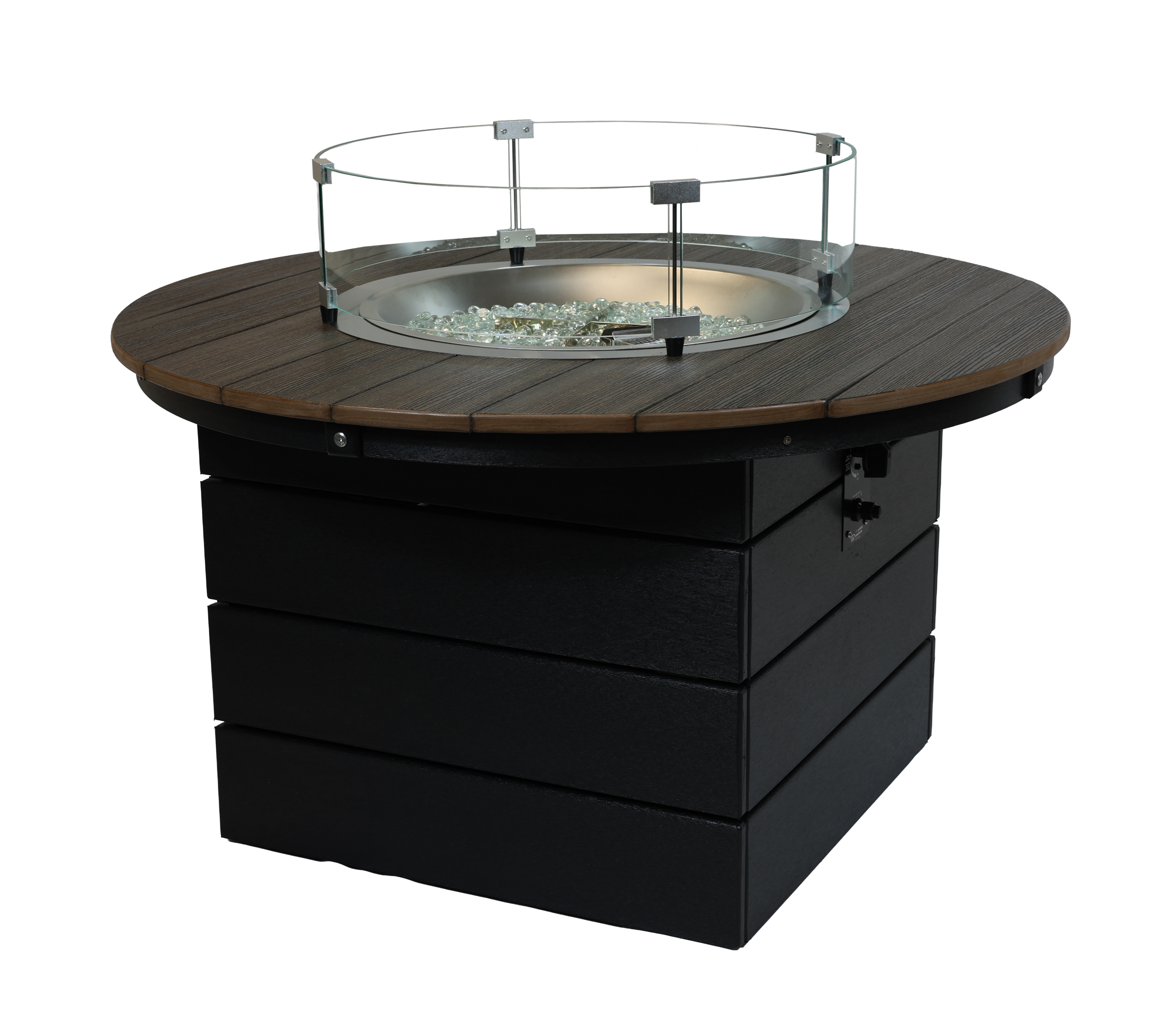 Round Firepit, F-100 (Coastal Gray/Black). 43”W x 24”H. Pictured with Wind Guard