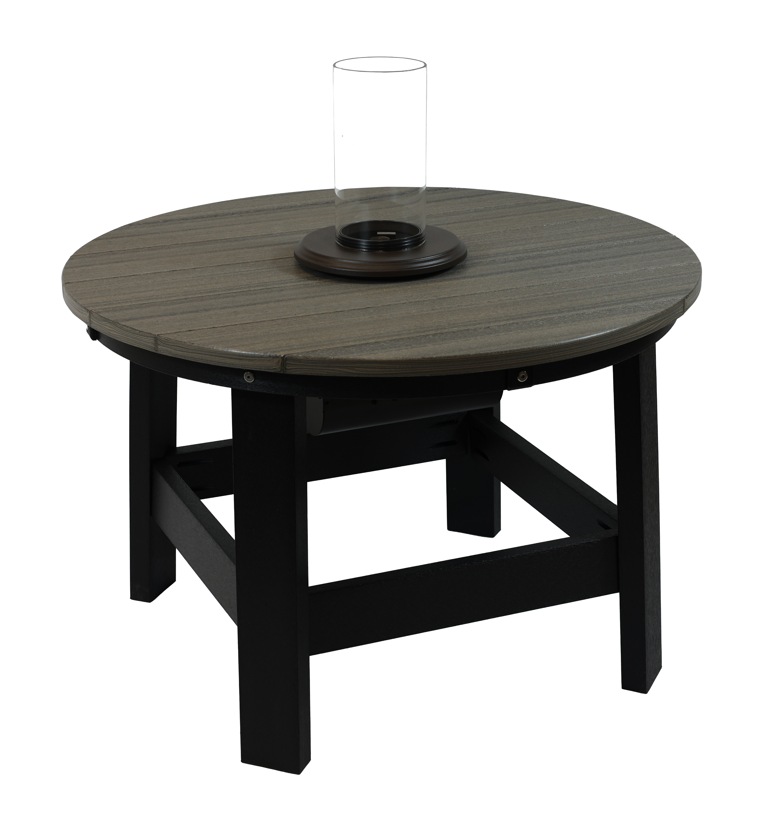 Jefferson Coffee Table, J-110 (Coastal Gray/Black). 31”Round, 20”H. Pictured with Intrigue Lantern, IFL-100