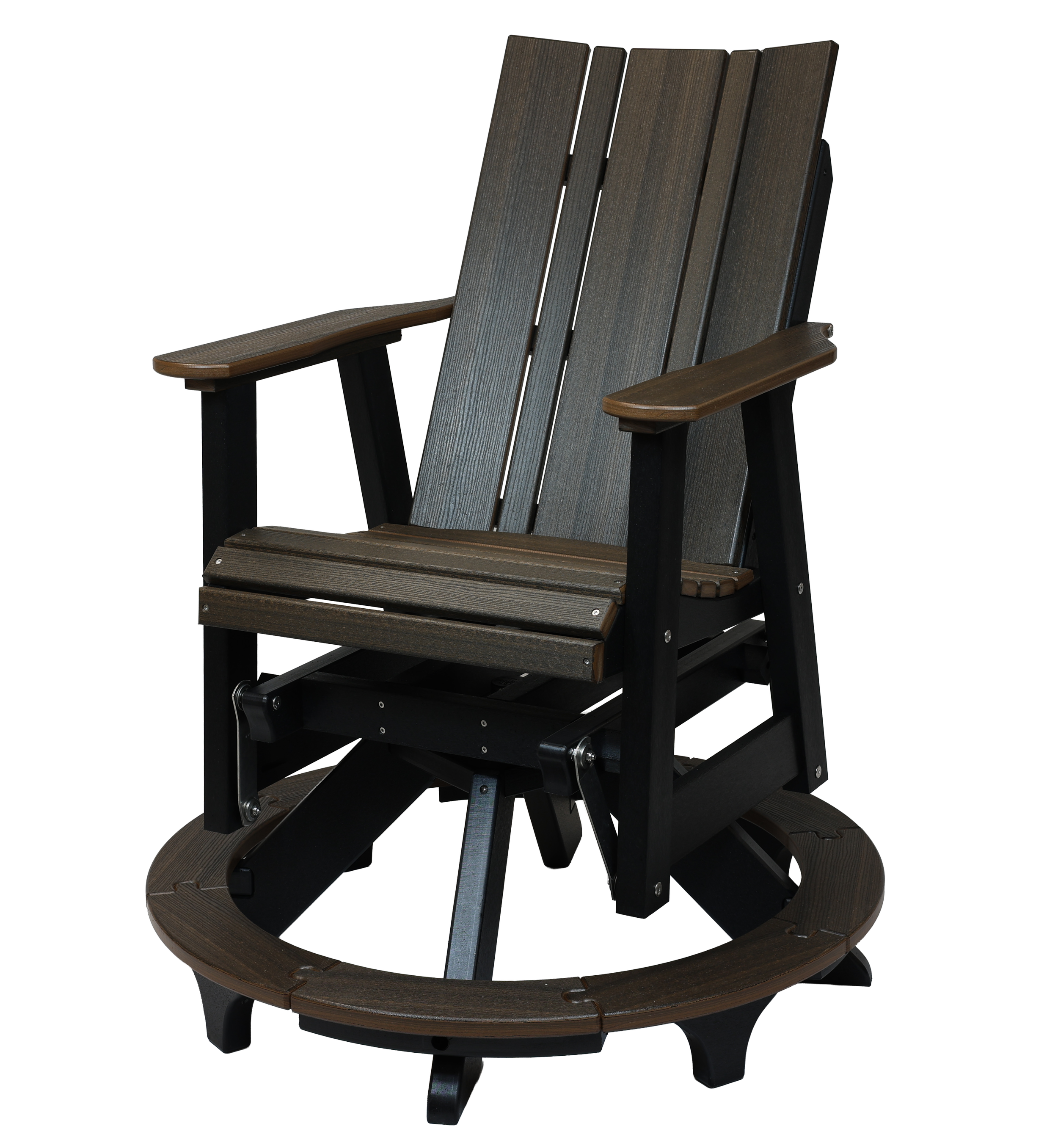 Newport Balcony Swivel Glider, N-190 (Brazilian Walnut/Black). 28.25”W x 36.5”D x 43.75”H, 17.75” Seat H from Platform