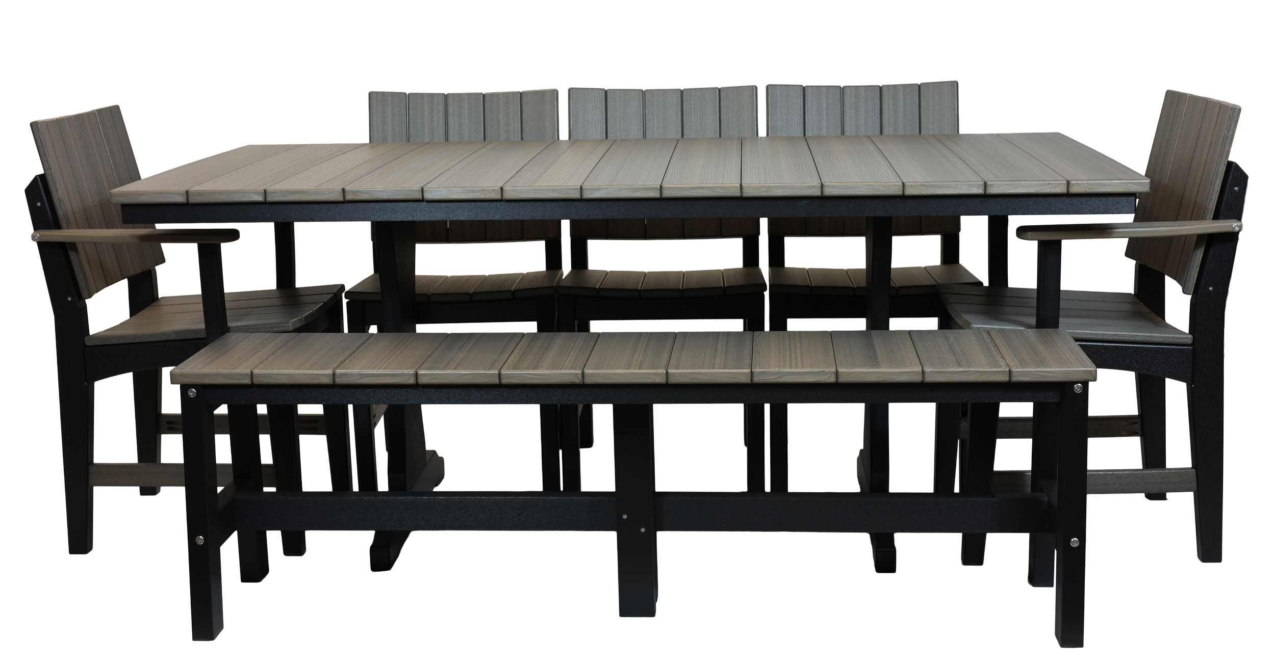 Sunriver Dining Table (S-100) pictured with Sunriver Arm Chairs (S-135), Sunriver Side Chairs (S-130), & Sunriver Bench (S-150). Coastal Gray/Black