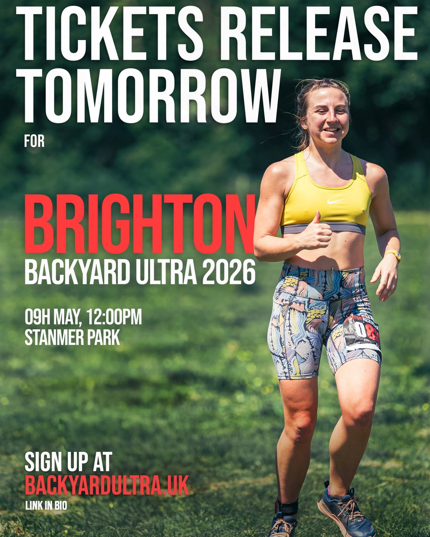 🔥 Brighton Backyard Ultra 2026 tickets go live TOMORROW at 12pm midday!

🏃&zwj;♂️ We&rsquo;re heading back to Stanmer Park on Saturday 9th May 2026, with loop 1 starting at 12pm. One loop an hour, every hour&hellip; until only one remains. The perf