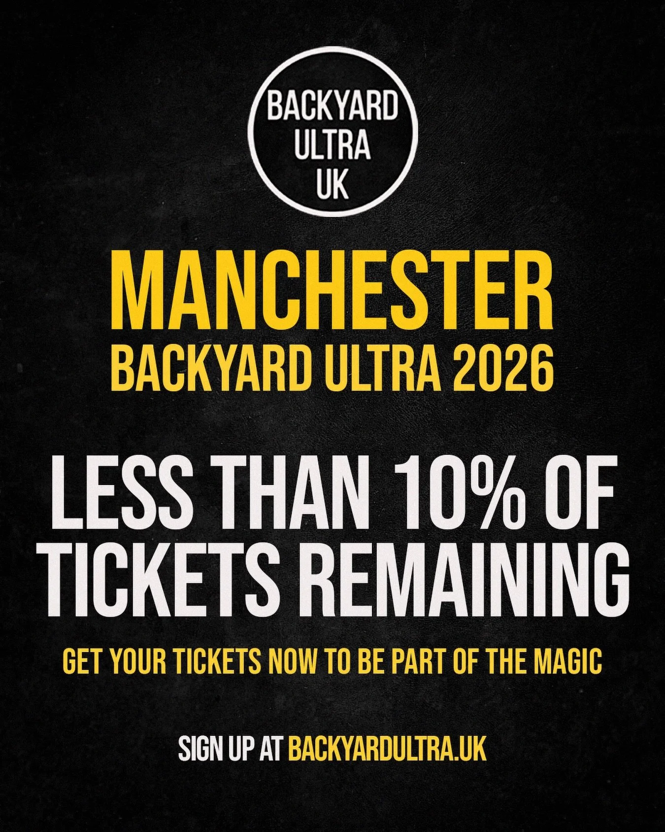 🔥 Less than 10% of tickets remain!

Manchester Backyard Ultra 2026 is almost full&hellip; we&rsquo;re now into the final few entries!

📆 Event Date: Saturday 13th June 2026
🏕️ Location: Giants Seat Scout Camp
⏱️ Loop 1 begins at 12pm

✨ If you&rsq