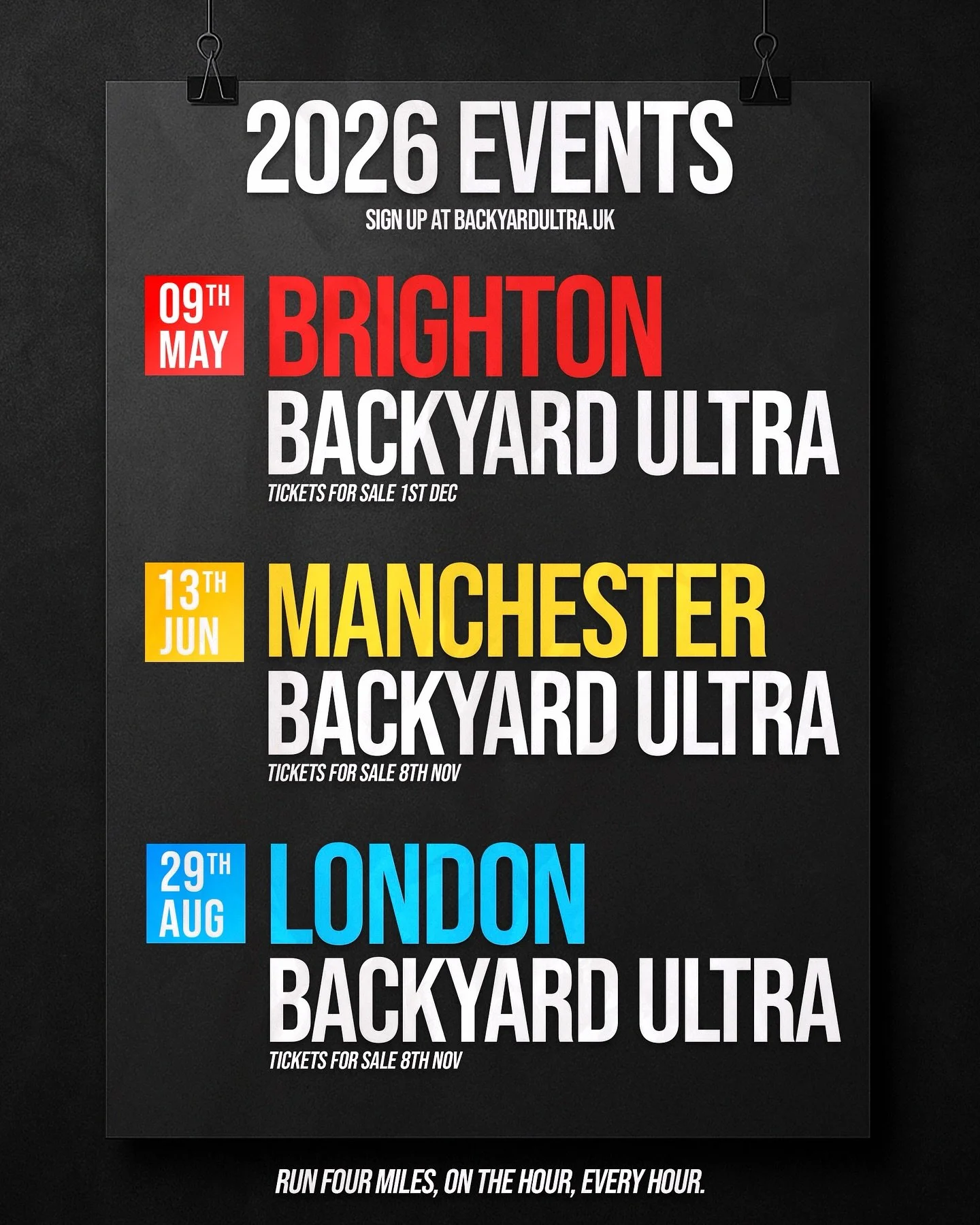 🚨 The 2026 Backyard Ultra season is coming!

🏃&zwj;♂️ Three events, one format: run 4 miles on the hour, every hour&hellip; until only one remains.

📍 Event Dates:
Brighton Backyard Ultra &ndash; 9th May
Manchester Backyard Ultra &ndash; 13th June
