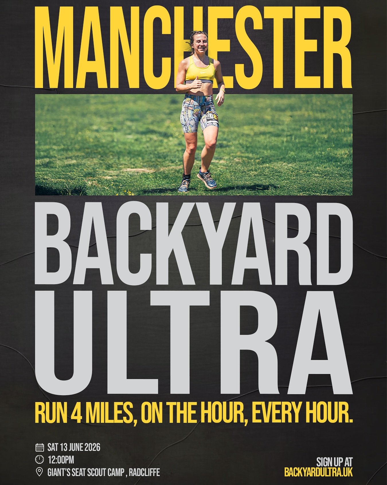 🔔 Run 4 miles on the hour, every hour&hellip; until there&rsquo;s only one left standing.

🏃&zwj;♂️ The Manchester Backyard Ultra 2026 returns on Saturday 13th June, with loop one kicking off at 12pm once again at the stunning Giants Seat Scout Cam