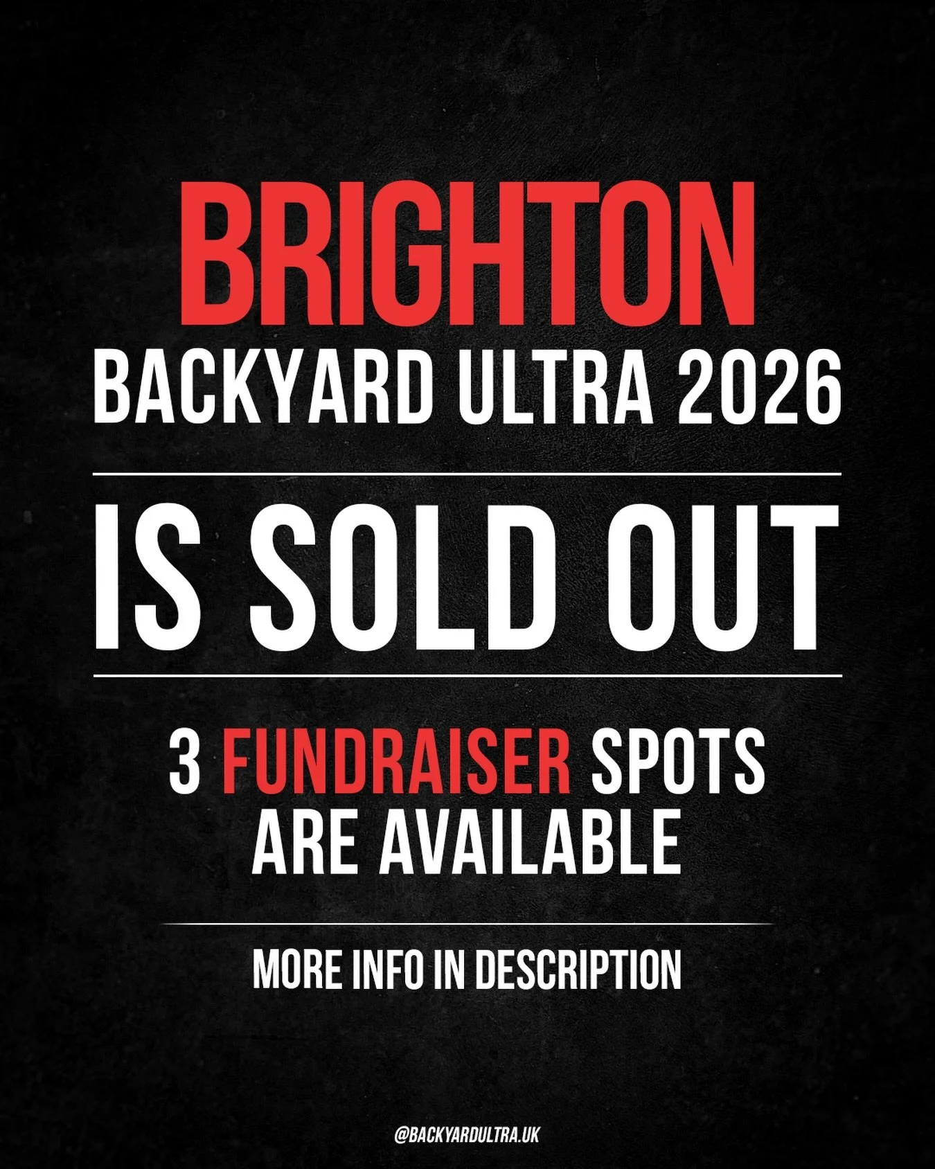 🔴 Brighton Backyard Ultra 2026 is officially sold out! 

🎟️ That said, we still have 3 special fundraiser spots available &ndash; and they&rsquo;re for an incredible cause.

🌳 These places are in partnership with The Woodpecker Project @the_woodpe