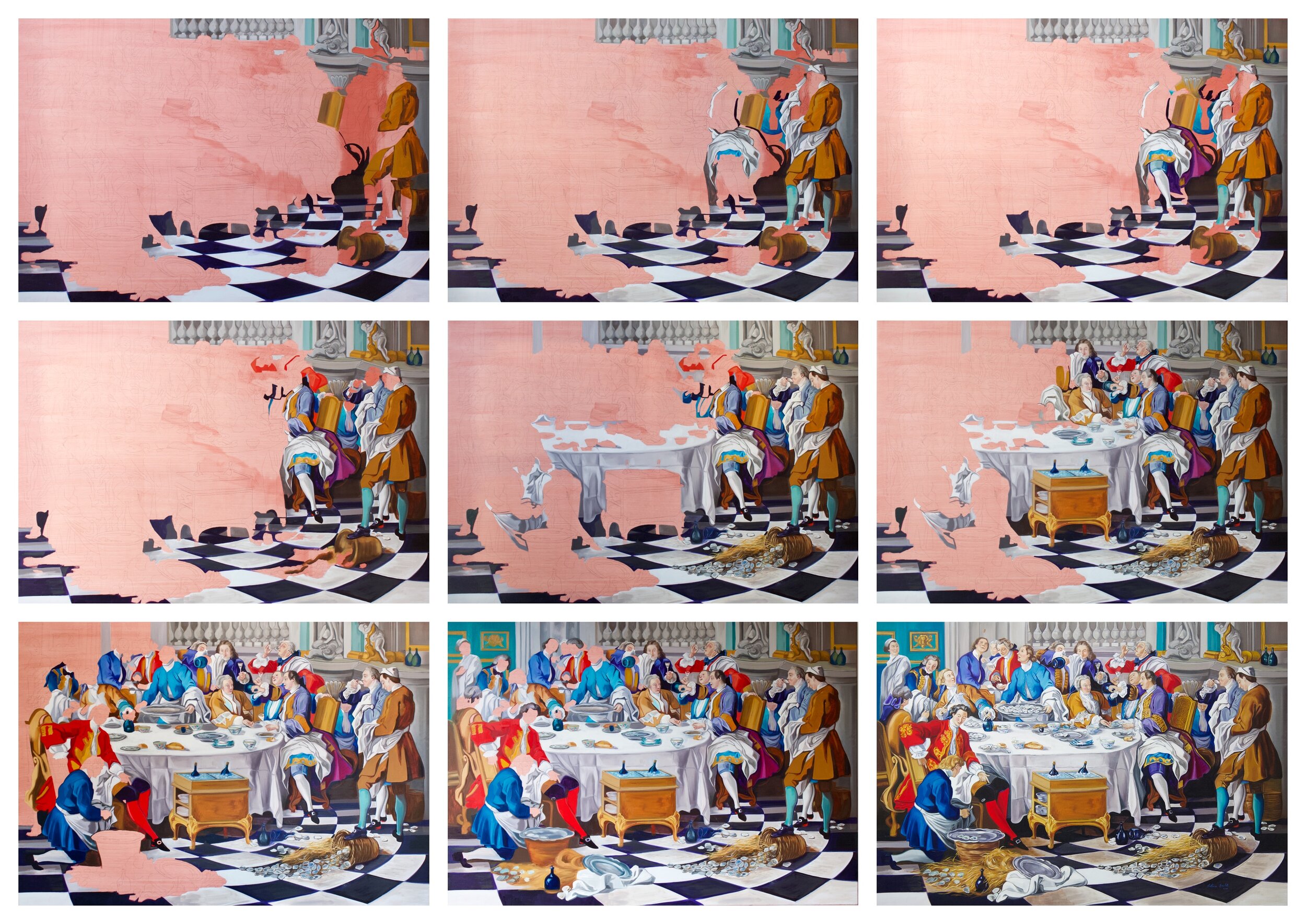 Progression of the painting over months in the studio