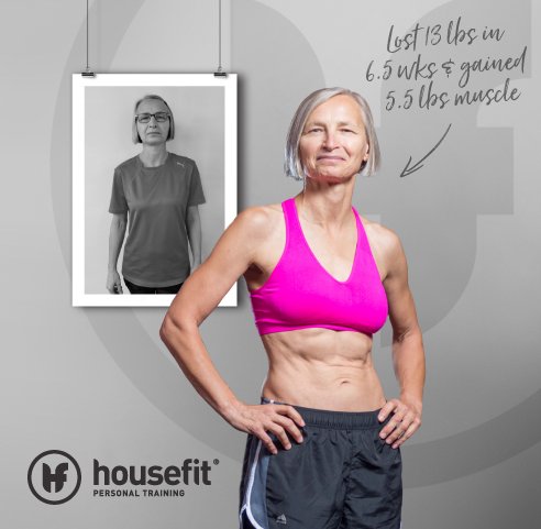 A smiling older woman in a pink sports bra and black shorts standing with hands on hips in a fitness studio, with a black and white photo of herself behind and above her, and handwritten notes about weight loss and muscle gain.