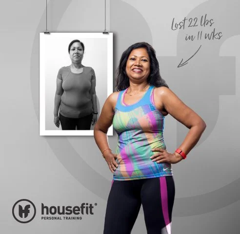 Side-by-side comparison of a woman before and after losing 22 pounds in 11 weeks, smiling and wearing workout clothes, with a transformation photo behind her and the Housefit Personal Training logo.
