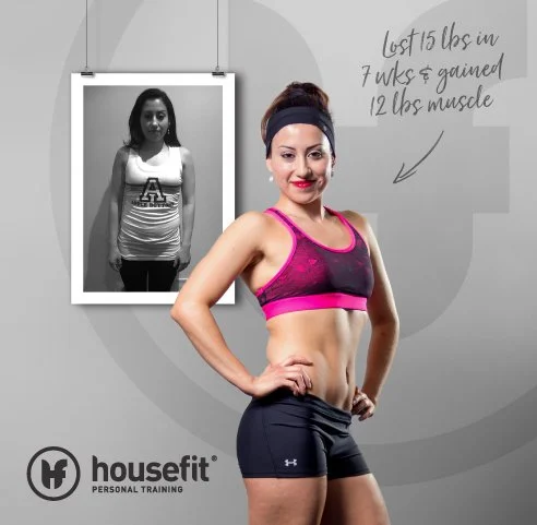A woman in workout clothing standing in front of a wall with a handwritten note about lost and gained muscle weight, with a black and white progress photo of herself in the background. Logo for Housefit Personal Training is visible.
