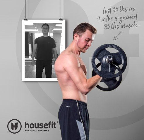 A man lifting a dumbbell with a mirror and motivational quote in the background. The quote says, 'Lost 55 lbs in 9 months & gained 35 lbs muscle.'