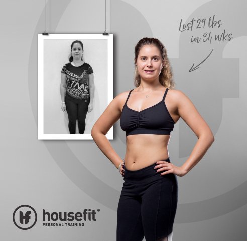 A woman in workout clothes smiling at the camera. Behind her, a black-and-white before photo. Handwritten text indicates she lost 29 pounds in 34 weeks. Housefit Personal Training logo appears at the bottom left.