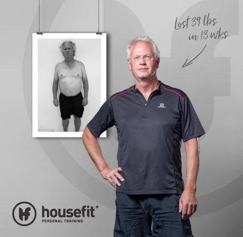 Before and after photos of a man showing weight loss of 39 pounds in 13 weeks, standing in front of a gray background with a housefit personal training logo.