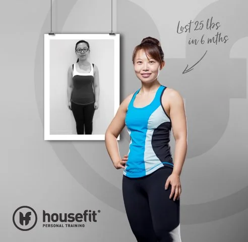 A woman in workout clothes standing in front of a photo of herself before weight loss, with a handwritten note stating she lost 25 pounds in 6 months. The image includes a logo for HouseFit Personal Training.