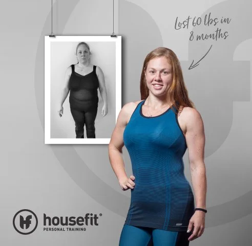 Woman in blue athletic wear smiling in front of a before-and-after weight loss photo at HouseFit personal training, with handwritten note indicating she lost 60 pounds in 8 months.