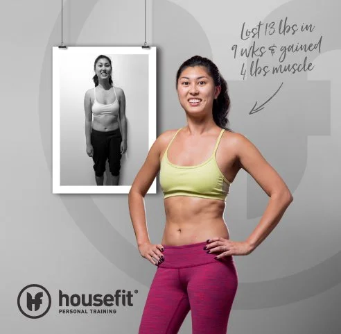 A woman in workout clothes standing in front of a wall with a photo of her before weight loss and handwritten notes about her changes, promoting personal training by Housefit.