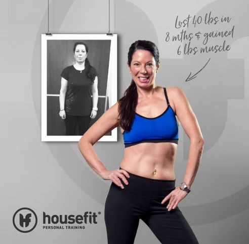 A woman in workout clothes smiling, with a before photo behind her showing her previous body, and a handwritten note about losing 10 pounds in 8 months and gaining 6 pounds of muscle.