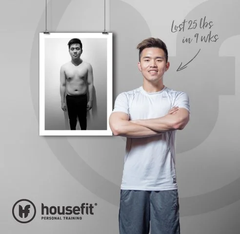 A young man standing with arms crossed, smiling, in front of a photo showing his past self with no shirt and a neutral expression. The photo indicates he lost 25 pounds in 9 weeks, promoting a fitness program.