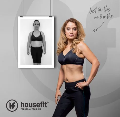 A woman in workout clothes showing her transformation from before to after losing 50 pounds in 6 months, with a side image of her in a fitness progress photo and a text indicating weight loss achievement.
