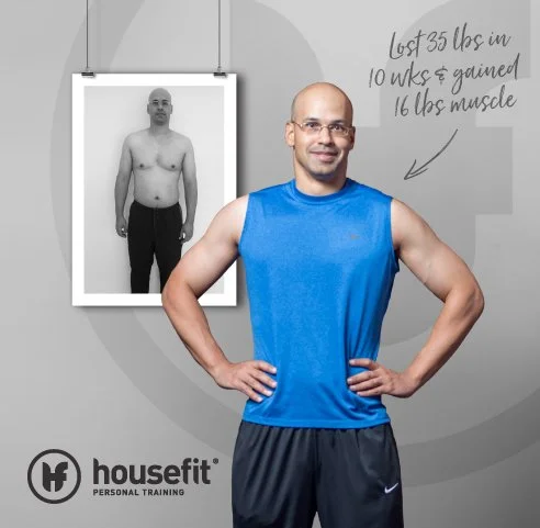 A man in athletic clothing smiling in front of a before-and-after fitness photo, with text indicating he lost 35 pounds and gained 16 pounds of muscle.
