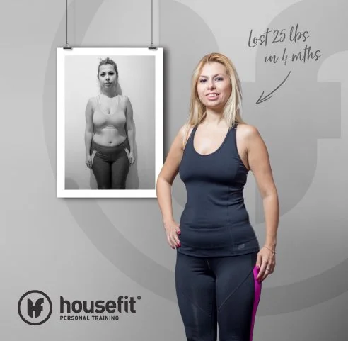 A woman standing in workout clothes, smiling, in front of a photo showing her before weight loss. Text indicates she lost 25 pounds in 4 months. Housefit logo and personal training label are in the bottom left corner.