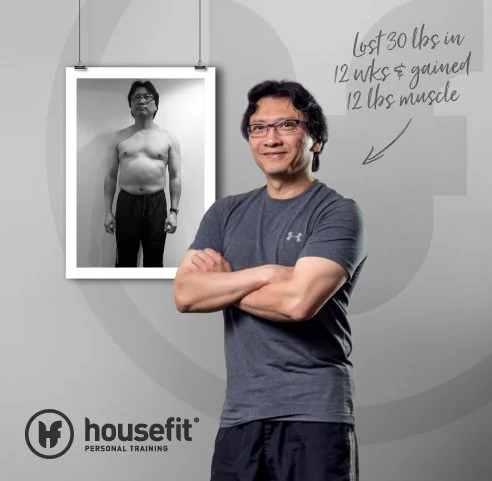 A man in a workout shirt stands with crossed arms in front of a photo of himself shirtless, showing weight loss progress, with handwritten notes about losing 30 pounds in 12 weeks and gaining 12 pounds of muscle, in a fitness setting.